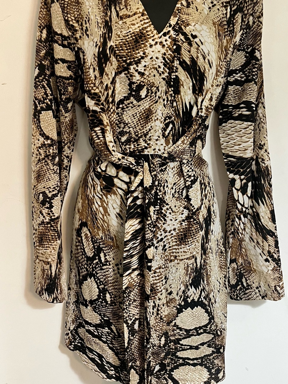 SHEIN Snake Print Long Sleeve Wrap Dress in Brown, Black, Cream